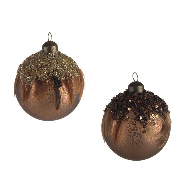 Glass Bauble With Feather 2Ast 8Cm