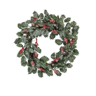20" Holly/Cone/Berry Wreath Green
