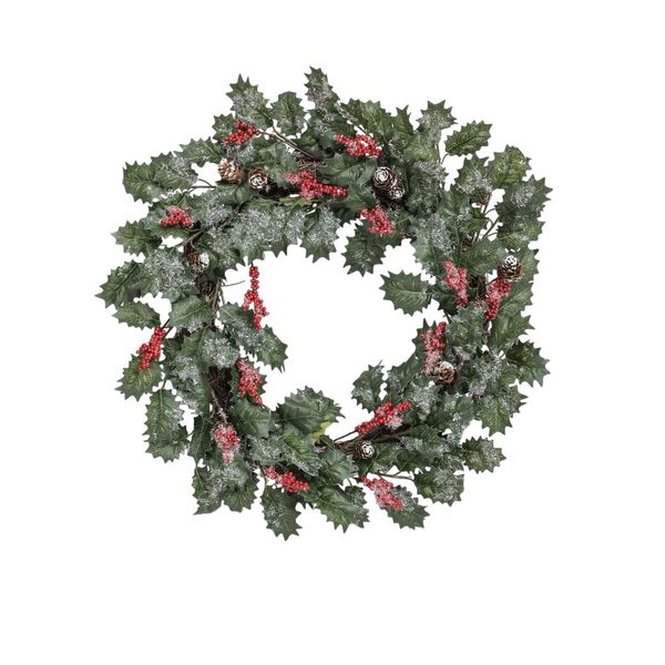 20" Holly/Cone/Berry Wreath Green