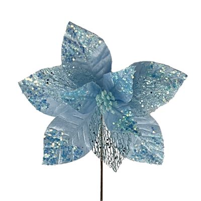 Poinsettia Stem Pale Blue with Glitter D26cm