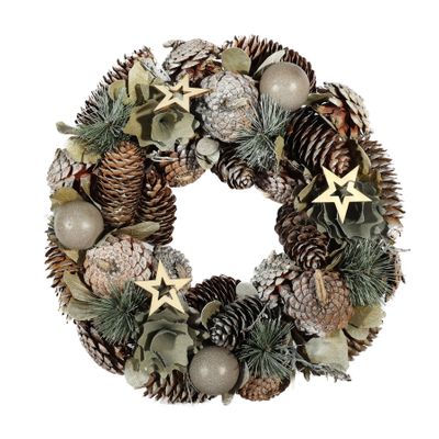 Wreath with wooden flowers and stars 30x30x8cm