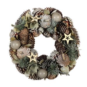 Wreath with wooden flowers and stars 30x30x8cm