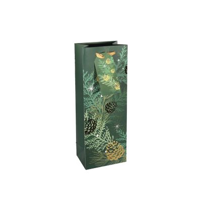 Gift Bag Christmas Foliage and Pinecones - Green / Gold - Bottle Bag