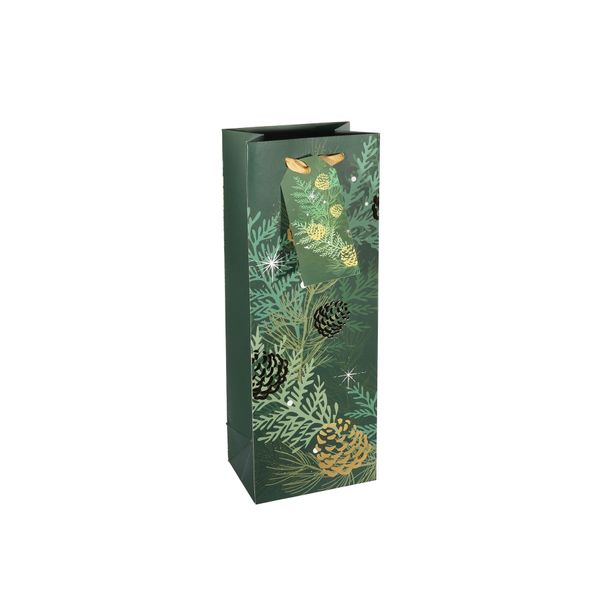 Gift Bag Christmas Foliage and Pinecones - Green / Gold - Bottle Bag