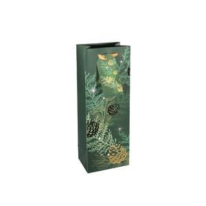 Gift Bag Christmas Foliage and Pinecones - Green / Gold - Bottle Bag