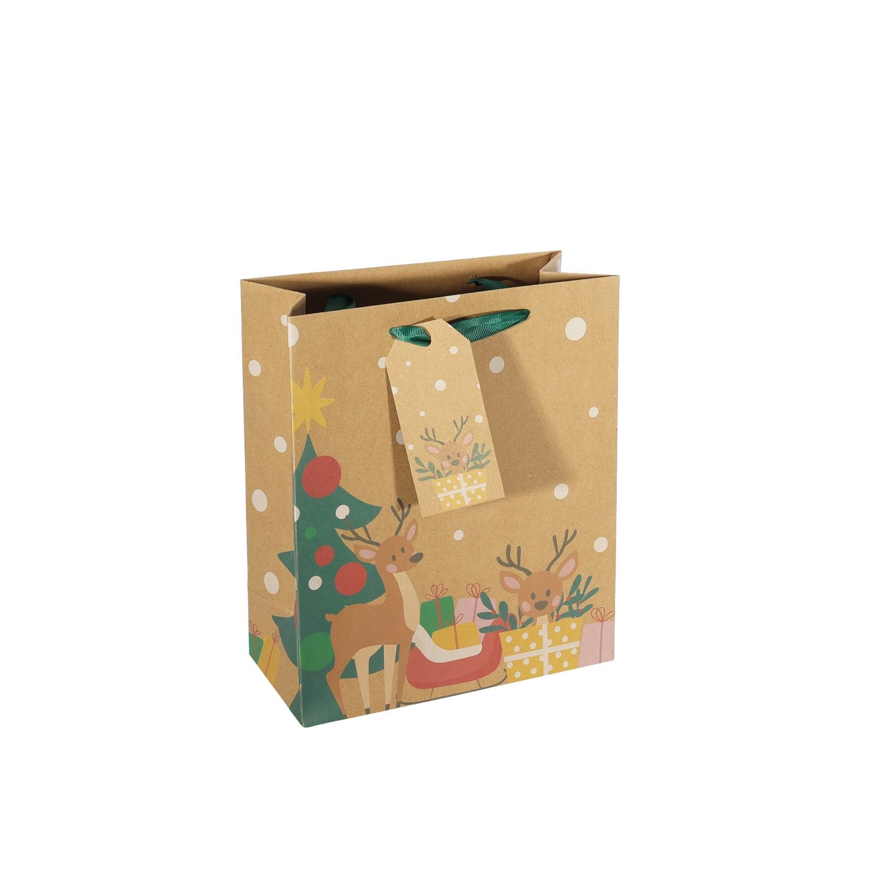 Kraft Gift Bag with Reindeer and Parcels  M - 25x21cm