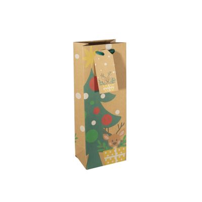 Kraft Gift Bag with Reindeer and Parcels - Bottle Bag 