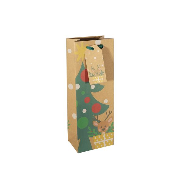 Kraft Gift Bag with Reindeer and Parcels - Bottle Bag 