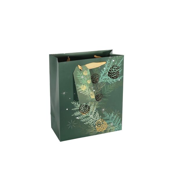 Gift Bag Christmas Foliage and Pinecones - Green / Gold M -25x21cm