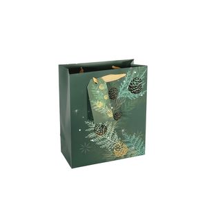 Gift Bag Christmas Foliage and Pinecones - Green / Gold M -25x21cm