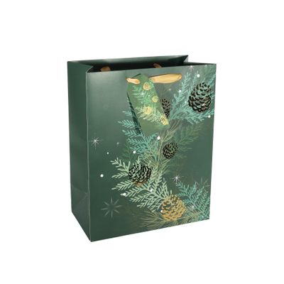 Gift Bag Christmas Foliage and Pinecones - Green / Gold L -33x26.5cm