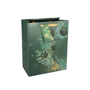 Gift Bag Christmas Foliage and Pinecones - Green / Gold L -33x26.5cm