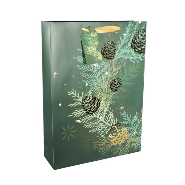 Gift Bag Christmas Foliage and Pinecones - Green / Gold XL - 45.5x33cm