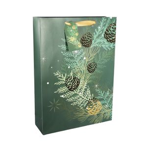 Gift Bag Christmas Foliage and Pinecones - Green / Gold XL - 45.5x33cm