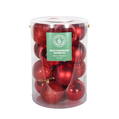 Red  Baubles PVC Tube - 4Matt / 4Glitter / 8Shiny - 8cm - 16 Pcs