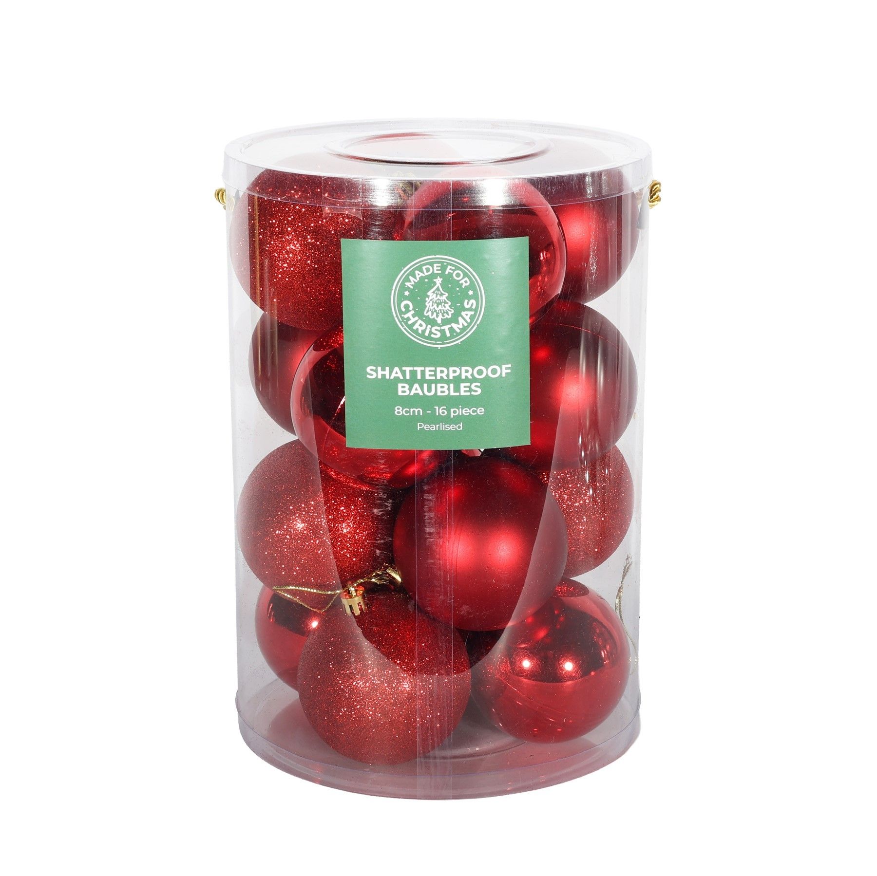 Red  Baubles PVC Tube - 4Matt / 4Glitter / 8Shiny - 8cm - 16 Pcs