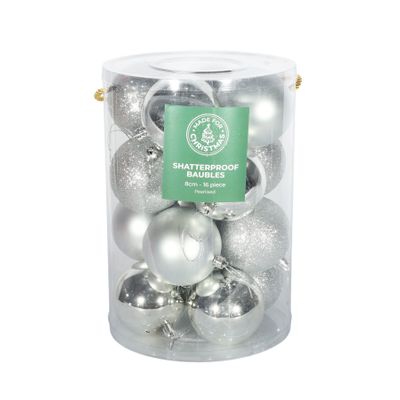 Silver Baubles PVC Tube - 4Matt / 4Glitter / 8Shiny - 8cm - 16 Pcs