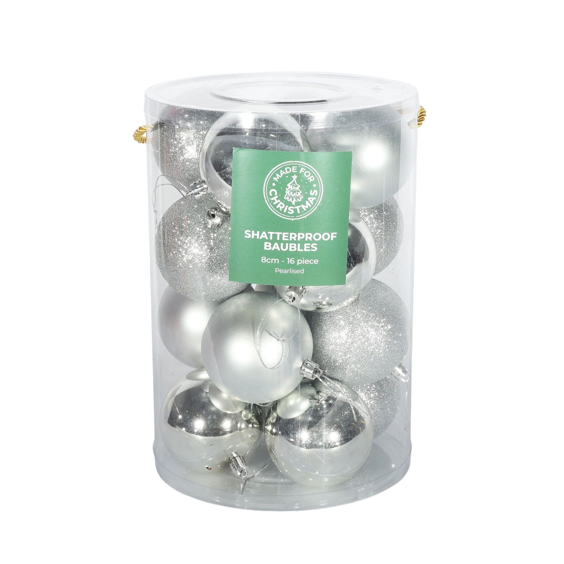 Silver Baubles PVC Tube - 4Matt / 4Glitter / 8Shiny - 8cm - 16 Pcs