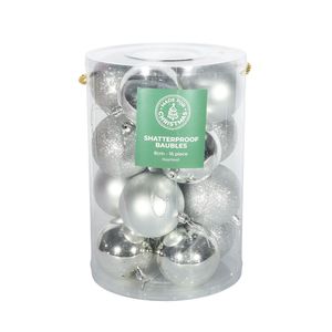 Silver Baubles PVC Tube - 4Matt / 4Glitter / 8Shiny - 8cm - 16 Pcs