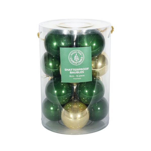 Pearlised Green / Gold Baubles PVC Tube - 8cm -16 Pcs