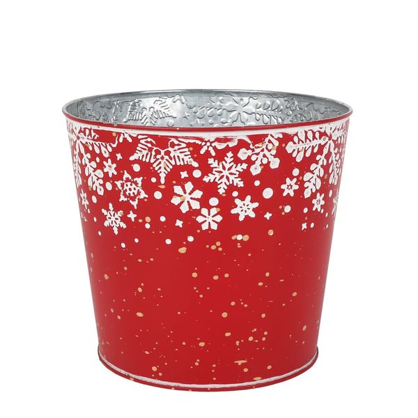 Metal Planter - Red with Snowflake  Design with PET Liner -Dia11 x H10.4cm