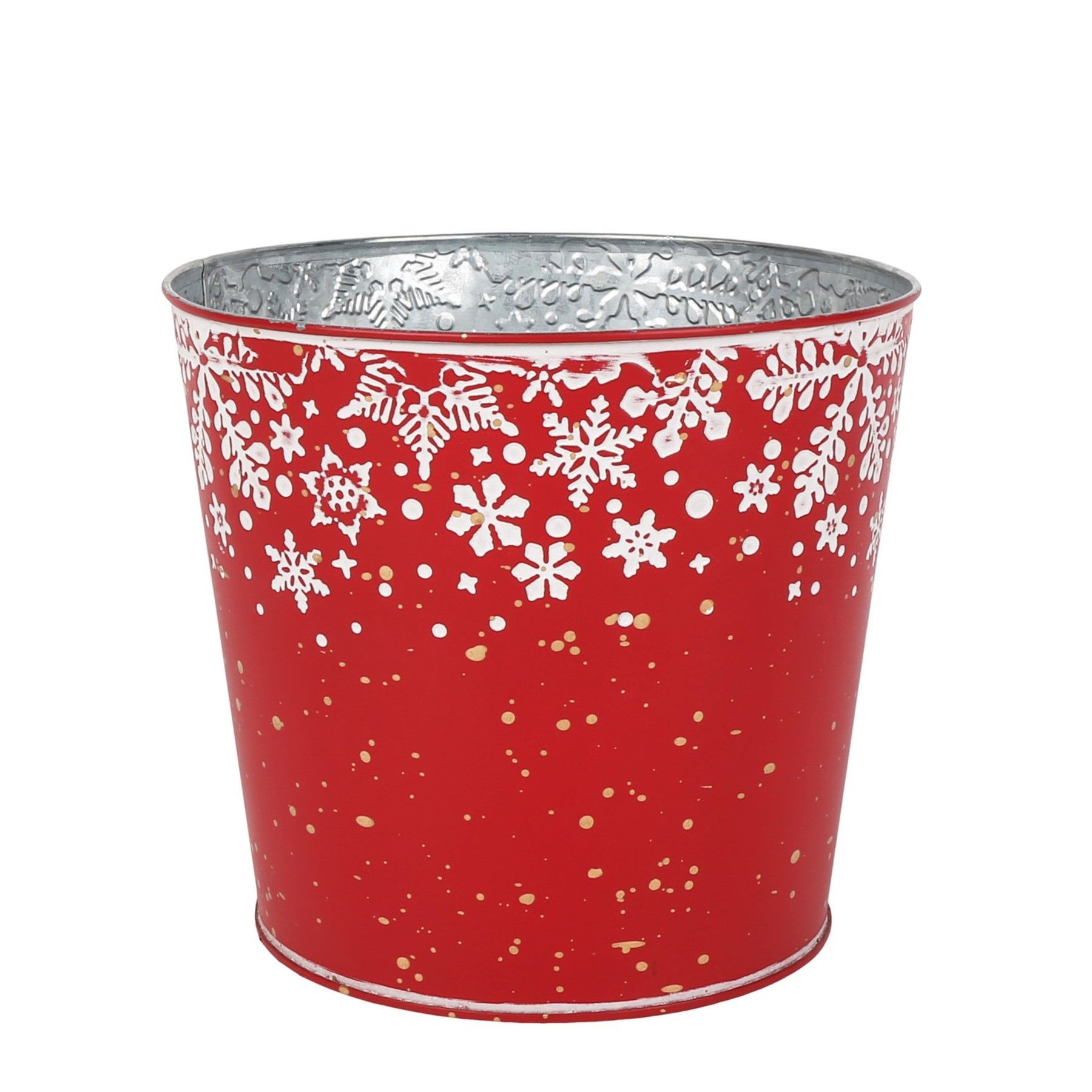 Metal Planter - Red with Snowflake  Design with PET Liner -Dia11 x H10.4cm