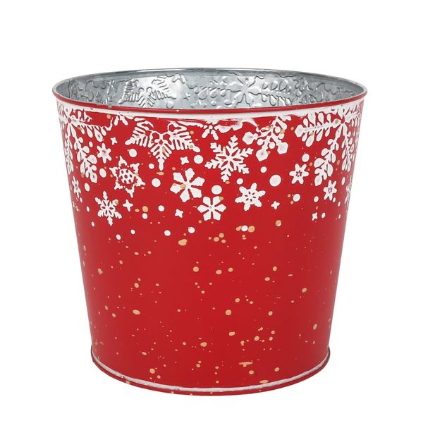 Metal Planter - Red with Snowflake  Design with PET Liner - Dia14 x H11.5cm