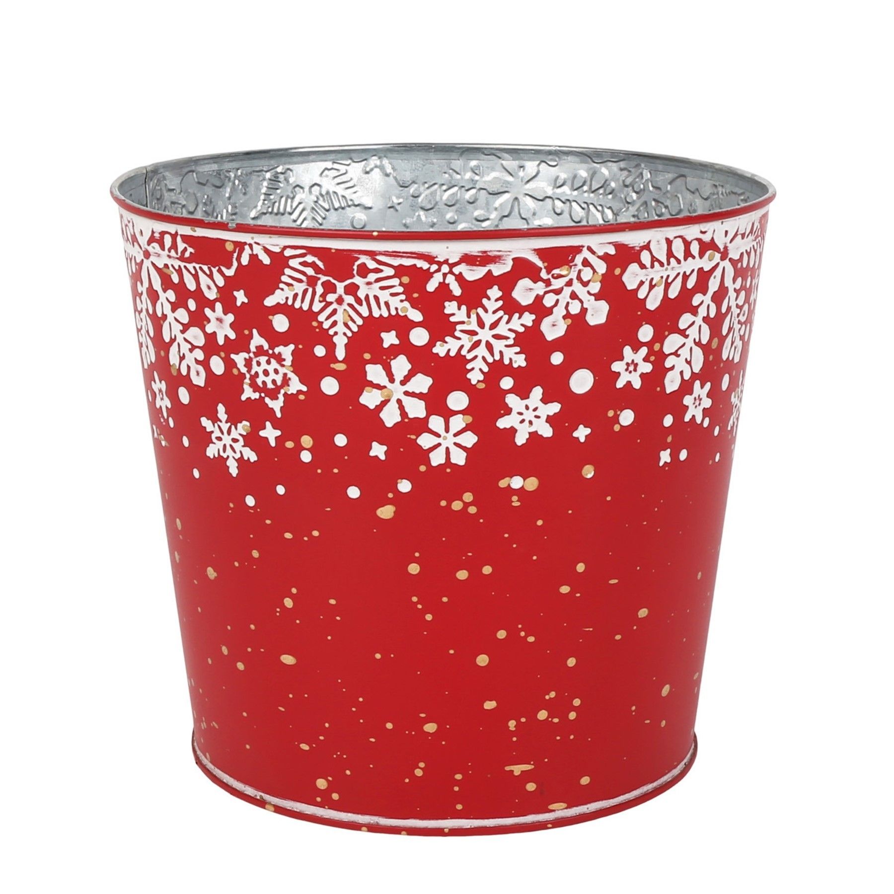 Metal Planter - Red with Snowflake  Design with PET Liner - Dia14 x H11.5cm