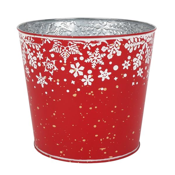 Metal Planter - Red with Snowflake  Design with PET Liner - Dia16 x H15.5cm