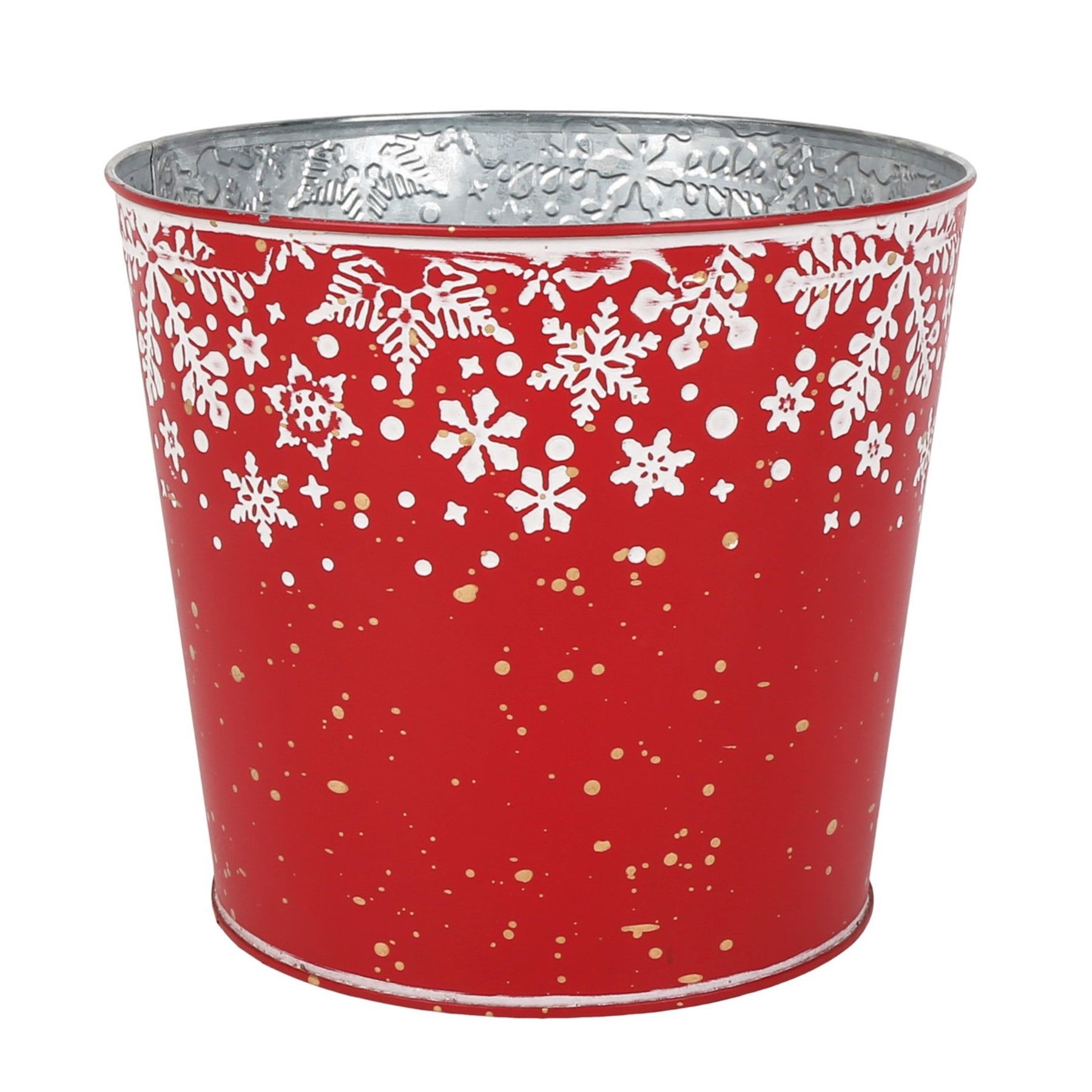 Metal Planter - Red with Snowflake  Design with PET Liner - Dia16 x H15.5cm