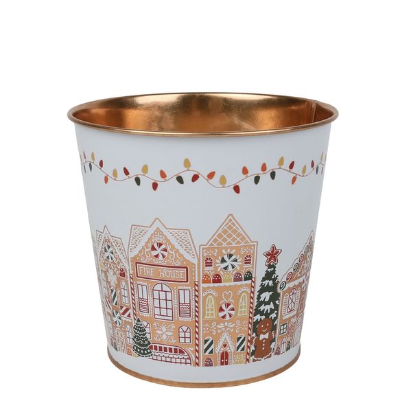 Metal Planter -  Gingerbread Houses Gold Inside  with PET Liner -Dia11 x H10.4cm