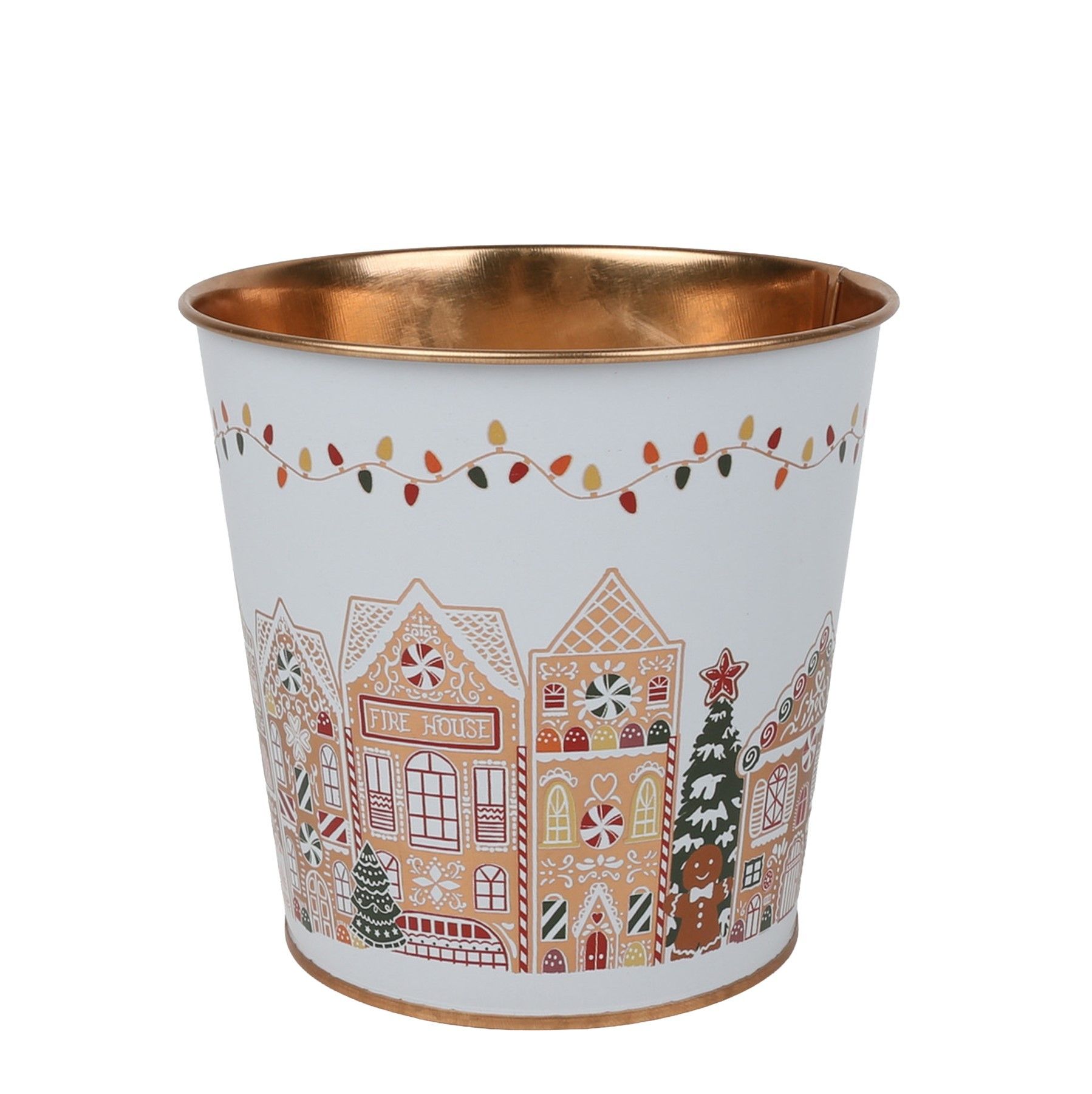 Metal Planter -  Gingerbread Houses Gold Inside  with PET Liner -Dia11 x H10.4cm