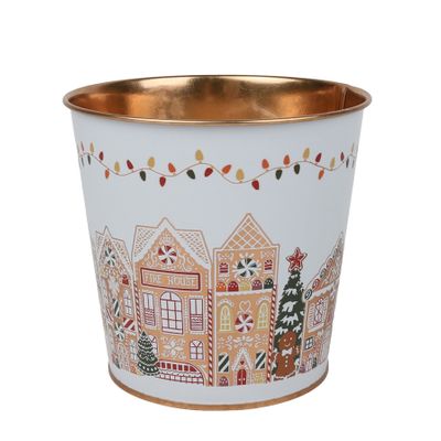 Metal Planter - Gingerbread Houses  Gold Inside with PET Liner - Dia14 x H11.5cm