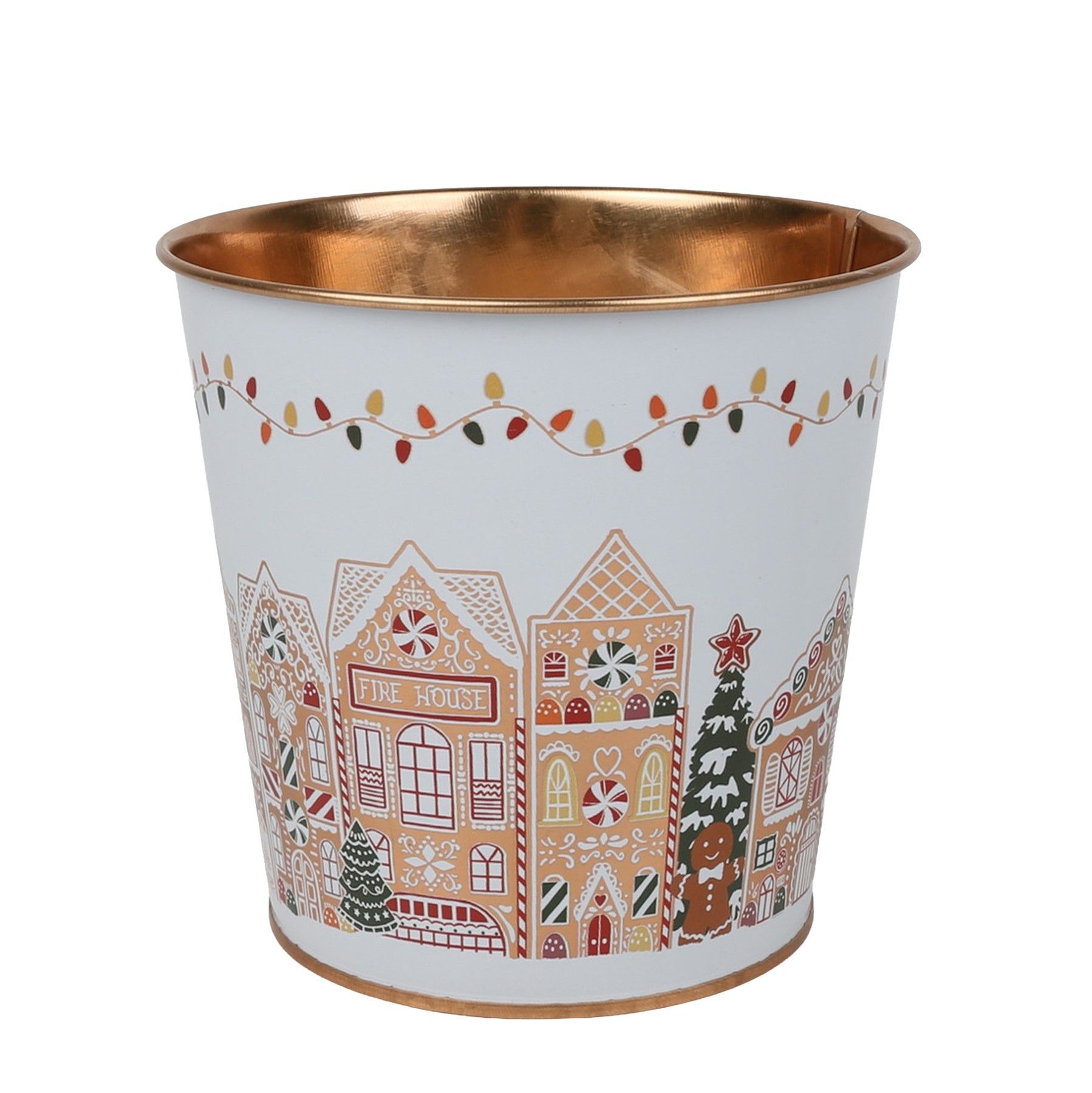 Metal Planter - Gingerbread Houses  Gold Inside with PET Liner - Dia14 x H11.5cm