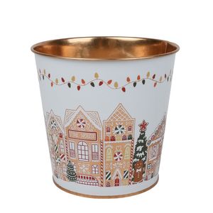 Metal Planter - Gingerbread Houses  Gold Inside with PET Liner - Dia14 x H11.5cm