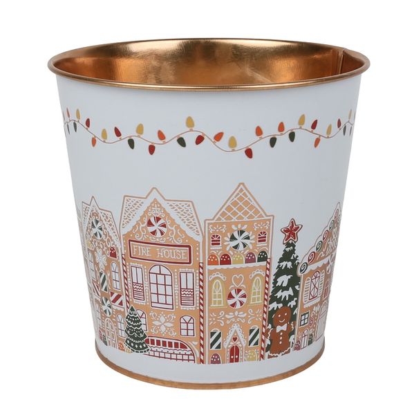 Metal Planter -Gingerbread Houses  Gold Inside  with PET Liner - Dia16 x H15.5cm