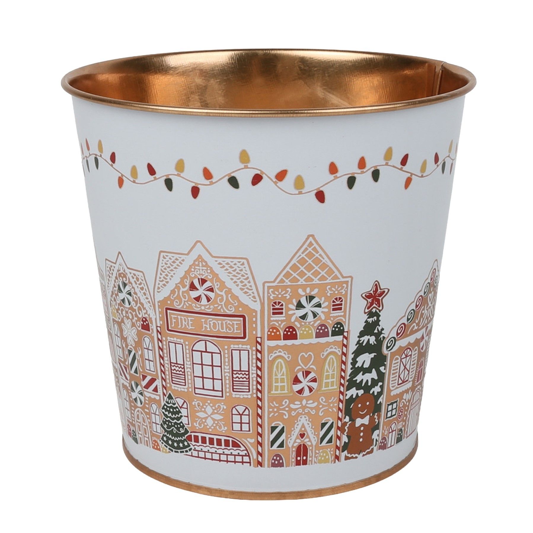 Metal Planter -Gingerbread Houses  Gold Inside  with PET Liner - Dia16 x H15.5cm