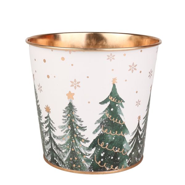 Metal Planter - Christmas Trees Gold Inside with PET Liner - Dia14 x H11.5cm