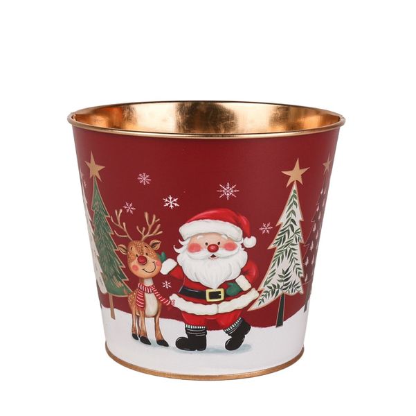 Metal Planter -  Santa & Rudolph Gold Inside  with PET Liner -Dia11 x H10.4cm
