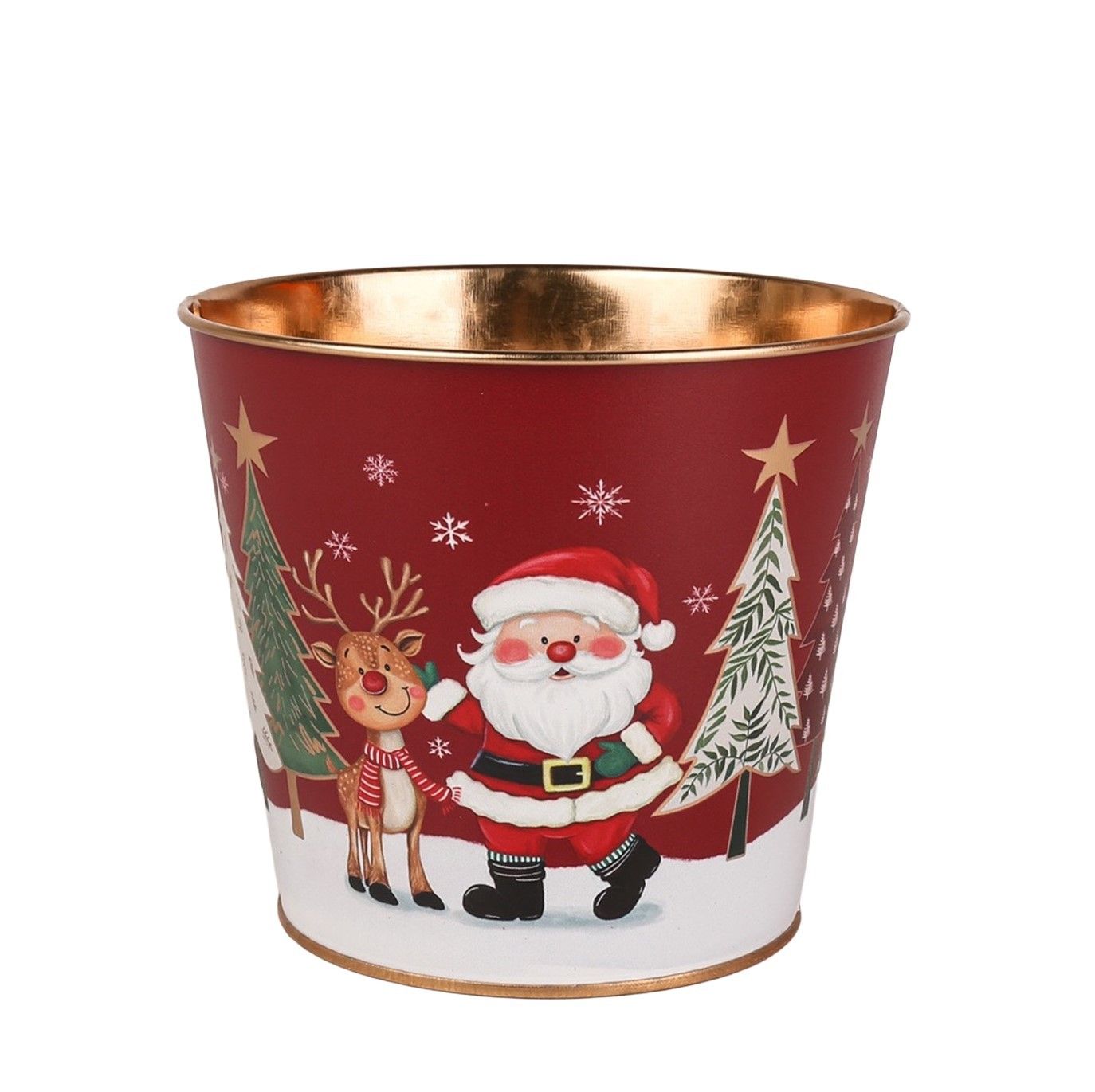 Metal Planter -  Santa & Rudolph Gold Inside  with PET Liner -Dia11 x H10.4cm