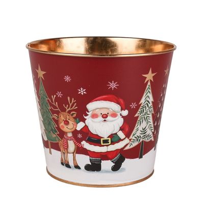 Metal Planter - Santa & Rudolph  Gold Inside with PET Liner - Dia14 x H11.5cm