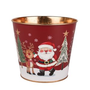 Metal Planter - Santa & Rudolph  Gold Inside with PET Liner - Dia14 x H11.5cm