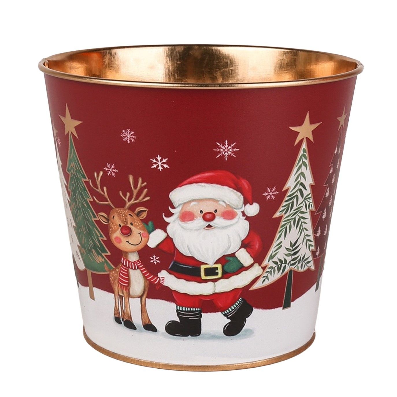 MetalPlanter -Santa  & Rudolph Gold Inside  with PET Liner - Dia16 x H15.5cm