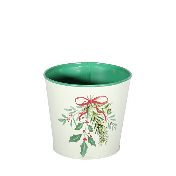 Metal Planter - Holly Spray - White - With PET Liner - Dia11 x H10.4cm
