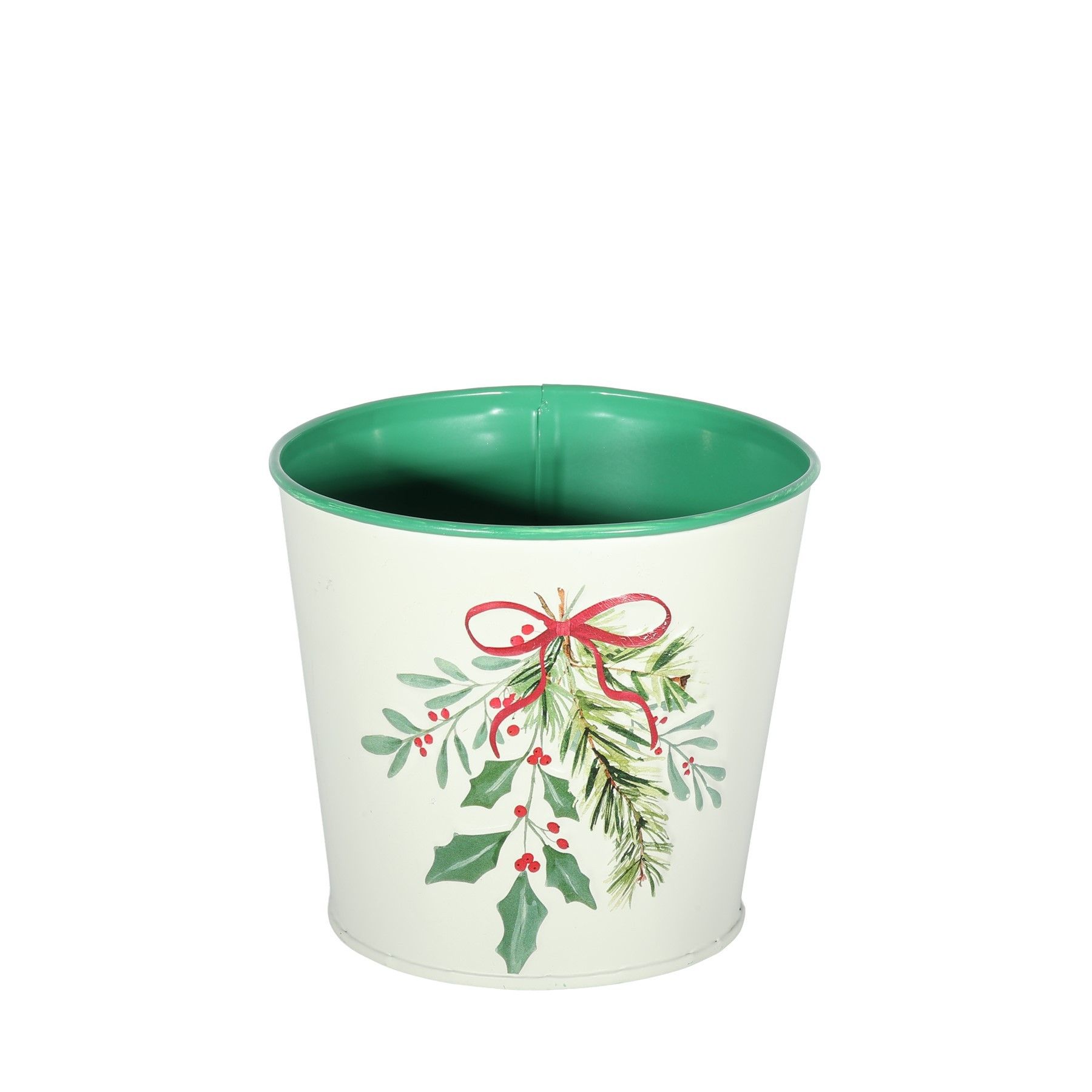 Metal Planter - Holly Spray - White - With PET Liner - Dia11 x H10.4cm