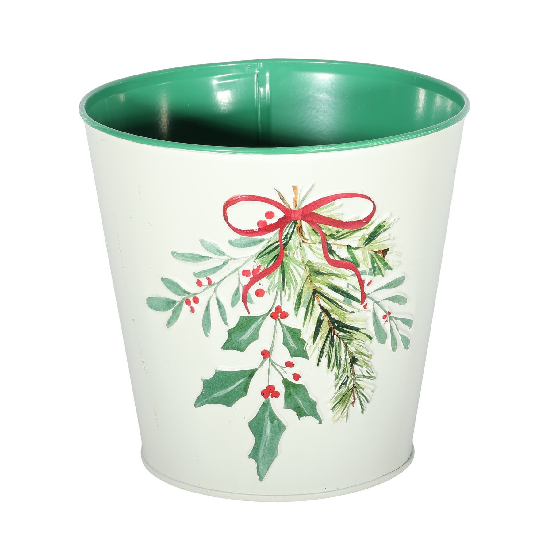 Metal Planter - Holly Spray - White - With PET Liner - Dia16 x H15.5cm