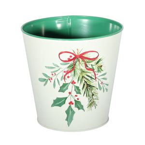 Metal Planter - Holly Spray - White - With PET Liner - Dia16 x H15.5cm
