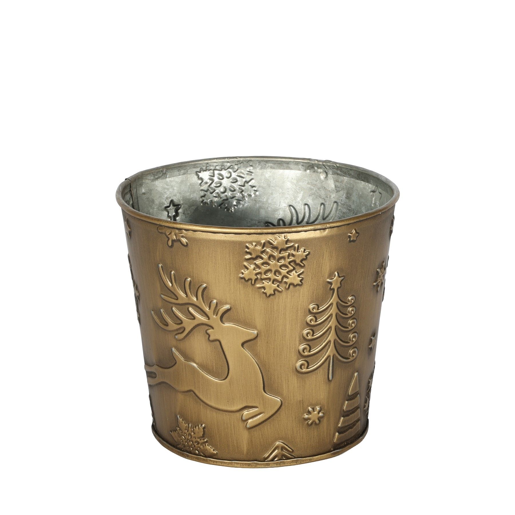 Metal Planter - Festive Theme Embossed- Gold With PET Liner - Dia11 x H10.4cm