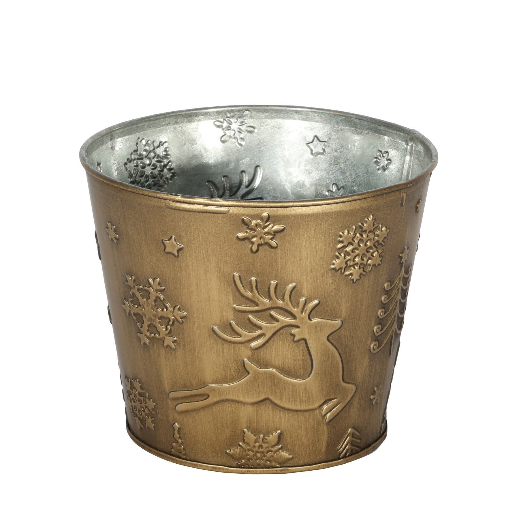 Metal Planter - Festive Theme Embossed  - Gold With PET Liner - Dia14 x H11.5cm