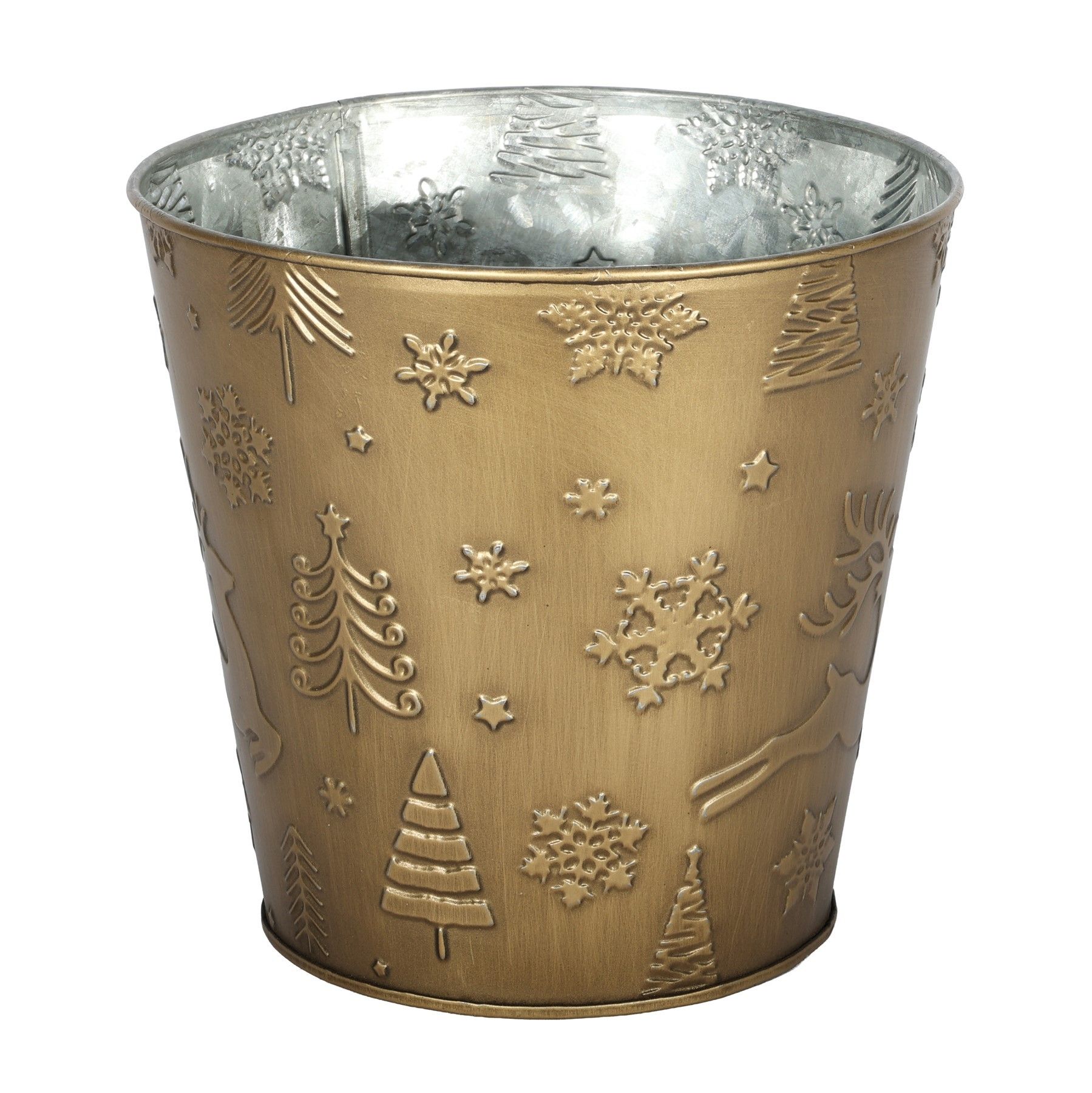 Metal Planter - Festive  Theme  Embossed - Gold  With PET Liner - Dia16 x H15.5c